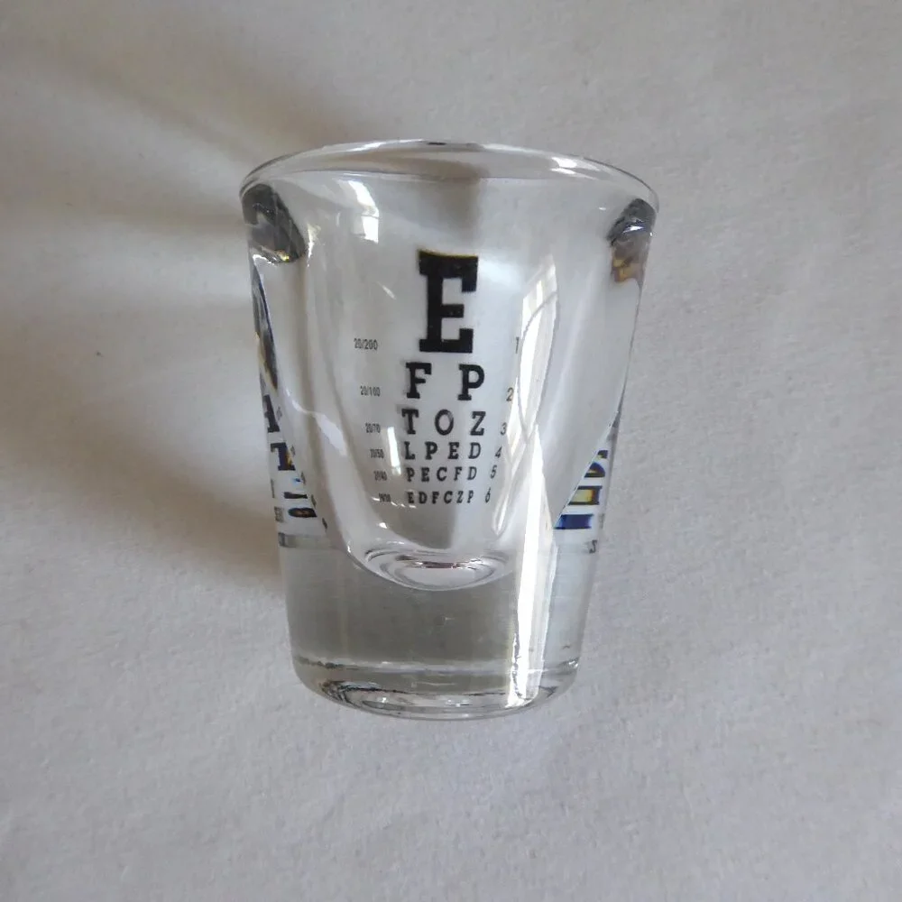 RESTORATION HARDWARE EYE CHART SHOT GLASS SET OF 4 NOVELTY BARWARE
